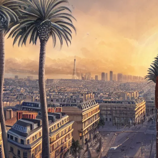 Image similar to the beautiful city of paris rebuilt near the pacific ocean in sunny california, amazing weather, sandy beach, palm trees, splendid haussmann architecture, digital painting, highly detailed, intricate, concept art, matte painting, trending on artstation