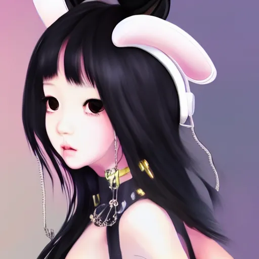 Image similar to realistic beautiful gorgeous natural cute Blackpink Lalisa Manoban black hair fur black cat ears, wearing white camisole summer outfit, headphones, black leather choker artwork drawn full HD 4K highest quality in artstyle by professional artists WLOP, Aztodio, Taejune Kim, Guweiz on Pixiv Instagram Artstation