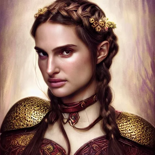 Prompt: head and shoulders portrait of a female knight, young natalie portman, golden etched armor, lord of the rings, celtic hair braid with flowers, eldritch ruby amulet, by artgerm, alphonse mucha, face detail, etched breastplate, sharp focus, high key lighting, vogue fashion photo