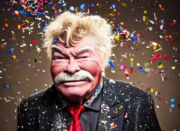 Image similar to photo still of rip taylor at a burial!!!!!!!! at age 5 4 years old 5 4 years of age!!!!!!! throwing confetti from a bucket, 8 k, 8 5 mm f 1. 8, studio lighting, rim light, right side key light