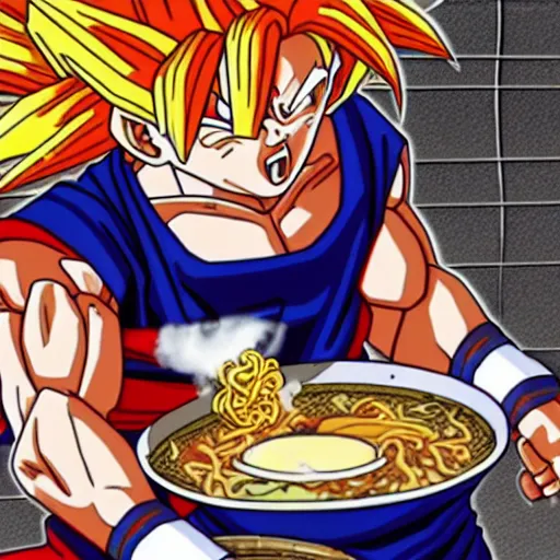 Image similar to high detail image of Goku eating ramen