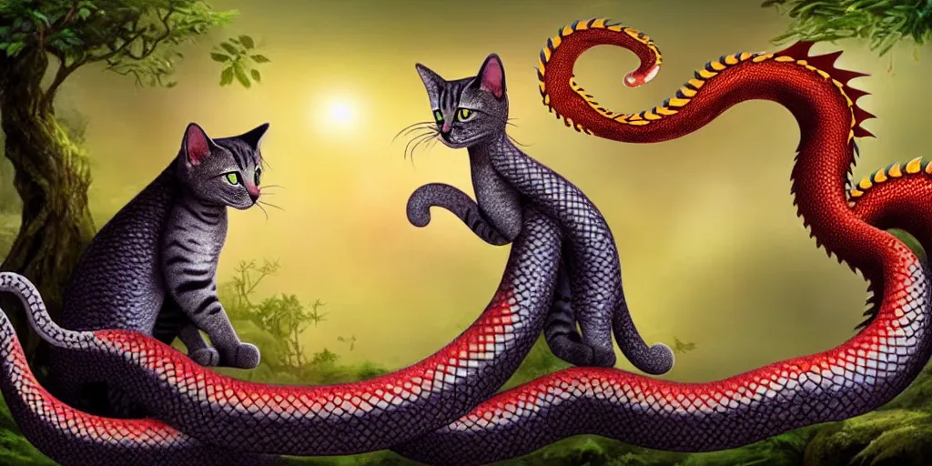 Image similar to cat dragon next to snake sing happily in fantasy forest