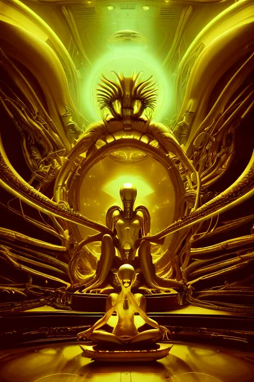 Image similar to cinematic masterpiece polaroid of glistening opalescent elegant queen empress xenomorph alien goddess meditating lotus position, inside ominous glowing alien temple shrine incubator. in the style of aliens, by denis villeneuve, weta workshop, james cameron, h. r. giger, beautiful octane render, extremely intricate, golden spiral composition, dramatic atmosphere, matte painting