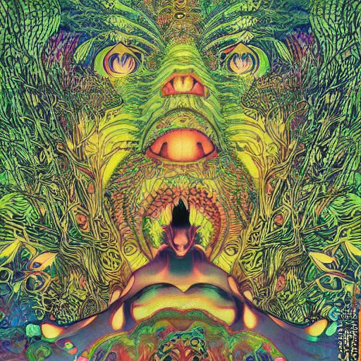 Image similar to a beautiful composition of a psychedelic glowing spirit animal psychonaut floating above a hedge maze, dmt, rich details full of texture, realistic eyes, artwork by satoshi kon and yoshitaka amano and moebius