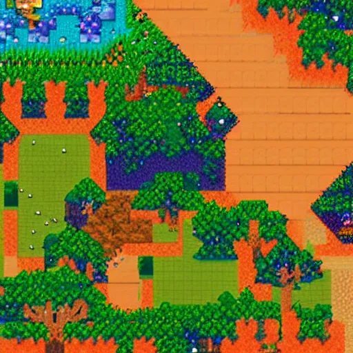 Image similar to screenshot of pixel art landscape, night sky reflected in the water, stardew valley