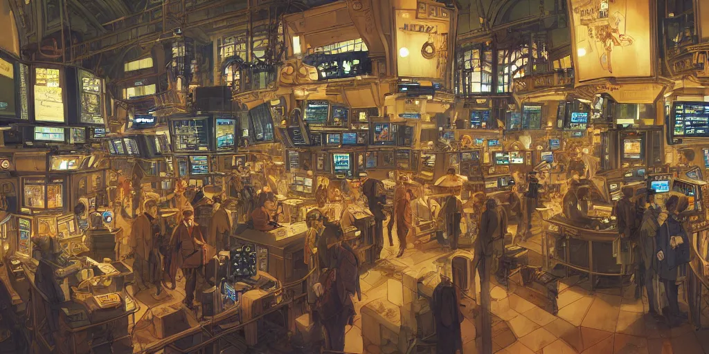 Image similar to beautiful schematic of traders in the new york stock exchange, by paul lehr and mark kolobaev and artgerm, dieselpunk, highly detailed, intricate, studio ghibli color scheme, masterpiece