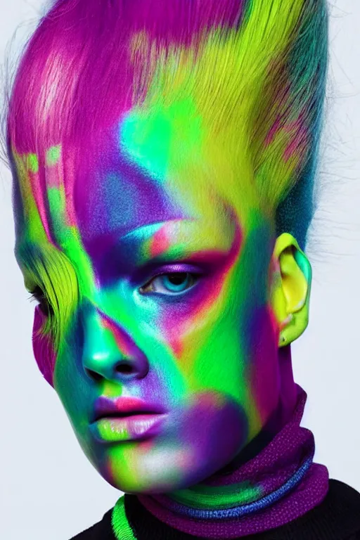 Prompt: stylish pullover for a rave bright colors, many details, photo for a magazine, photo for a store, fashion photography, Vogue, cinematic, hyper realism, high detail, 8k, very coherent symmetrical work, perfect face model, full length photo, Upper and lower body,Soft shadows on the face, white eyes, photographer style by Nik Night Erik Madigan Hec and Walter Chin and Camilla Akrans and Miles Aldridge