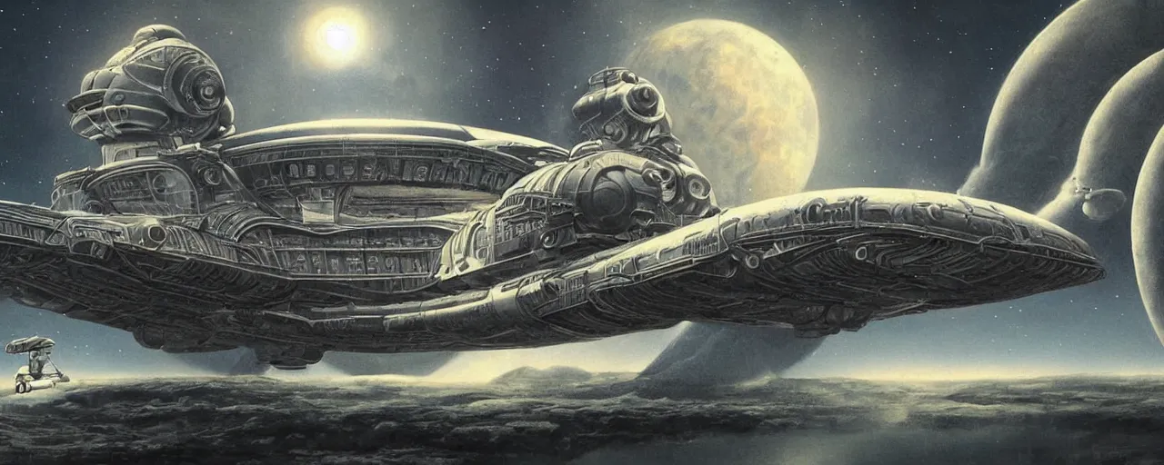 Image similar to By Jim bush and ed repka, air brush illustration, matte painting of a vintage alien ship landing on an alien planet, human astronauts making first contact, ornate pattern on the ship, retro futuristic, science fantasy, symmetry accurate features, very intricate details, artstation