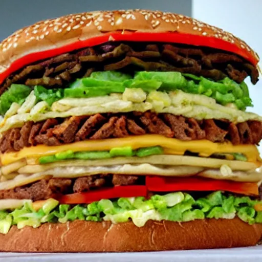 Image similar to enormously tall Dagwood-style Big Mac sandwich