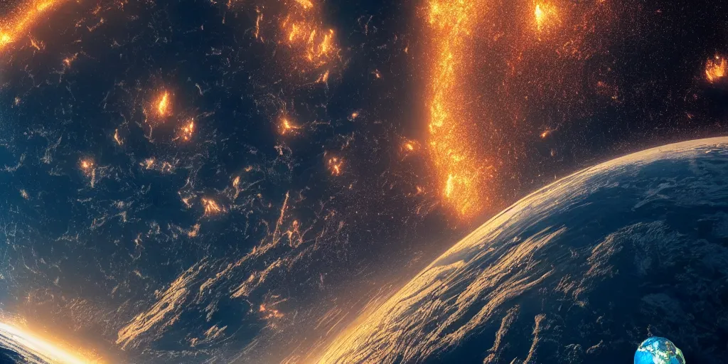 Image similar to view from 2 5 0 million miles in distance. a highly accurate depiction of earth broken into halves and floating in space. dramatic lighting, highly coherent, highly detailed, epic, digital art, fifth element, dystopian, octane 3 d render.