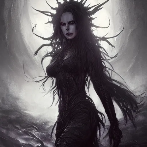 Image similar to kerli koiv as a black sabbath witch, darkwave, darksynth, concept headshot art, sharp, digital matte painting, art by luis royo, greg rutkowski, wlop, dramatic lighting, trending on artstation