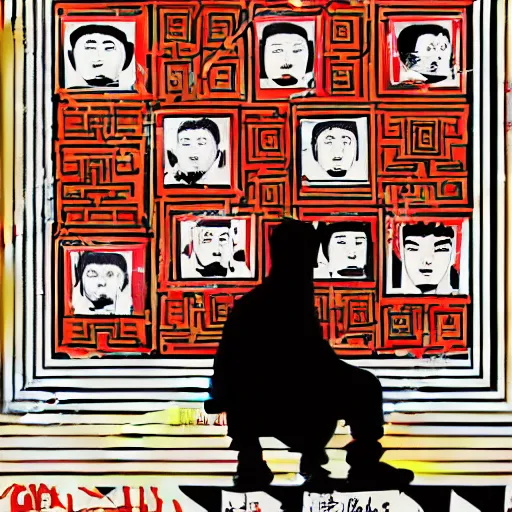 Prompt: uyghur Uighur in a prison behind bars, organ harvesting, in the style of daniel johnston and outsider art, 4k, line brush, overlaid with chinese adverts