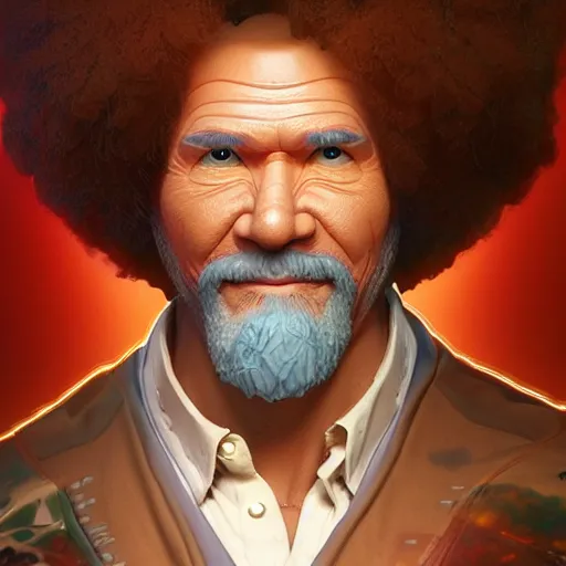 Image similar to bob ross cyborg. multi colored digital eyes, art by artgerm and greg rutkowski and alphonse mucha, concept art, octane render, unreal engine 5, highly detailed, high quality, 8 k, soft lighting, realistic face, path traced