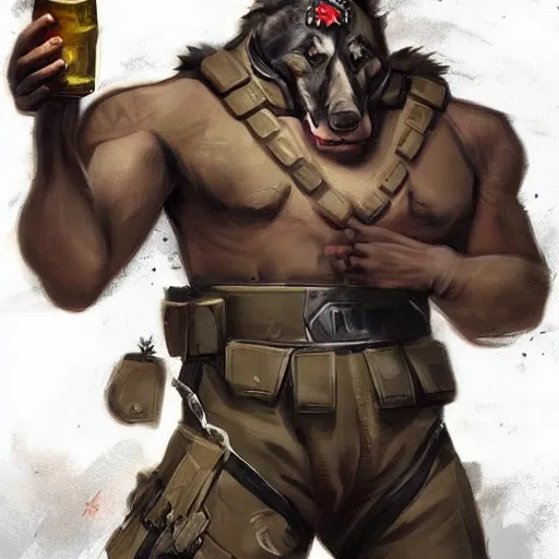 Image similar to a humanoid german shepherd beast - man in military style, holding a bottle of beer, artstation, concept art, smooth, sharp foccus ilustration, artstation