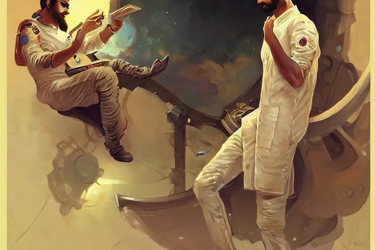 Prompt: Pensive good looking pale young Indian doctors wearing jeans in a space station above Earth, portrait, elegant, intricate, digital painting, artstation, concept art, smooth, sharp focus, illustration, art by artgerm and greg rutkowski and alphonse mucha