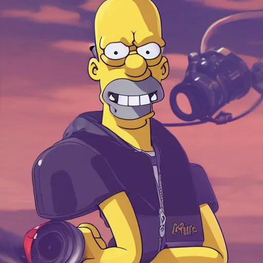 Image similar to highly detailed portrait of a Homer Simpson HeadHunterz ((HeadHunterz)) by Akihiko Yoshida, Greg Tocchini, Greg Rutkowski, Cliff Chiang, 4k resolution, persona 5 inspired, hardstyle music inspiration