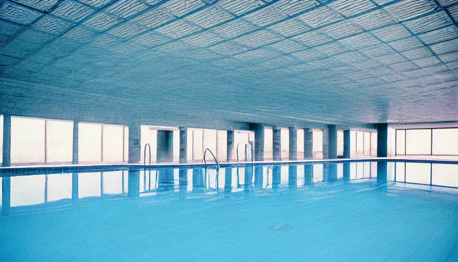 Image similar to 1 9 6 0 s movie still of empty blue tiles swimmingpool, cinestill 8 0 0 t 3 5 mm, high quality, heavy grain, high detail, panoramic, ultra wide lens, cinematic composition, dramatic light, flares, anamorphic, liminal space style