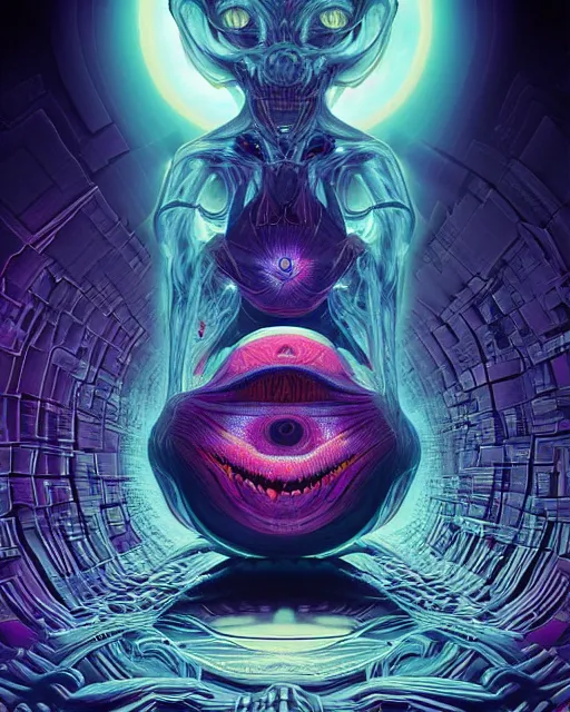 Prompt: 3 d render the menacing creature that crossed the event horizon to steal your soul out of this dimension and into the macabre realm of cosmic horror with profile picture by luis toledo and alex grey and beeple. neosurrealism. digital art, pixel art, concept art, octane render, trending on cgsociety, trending on artstation