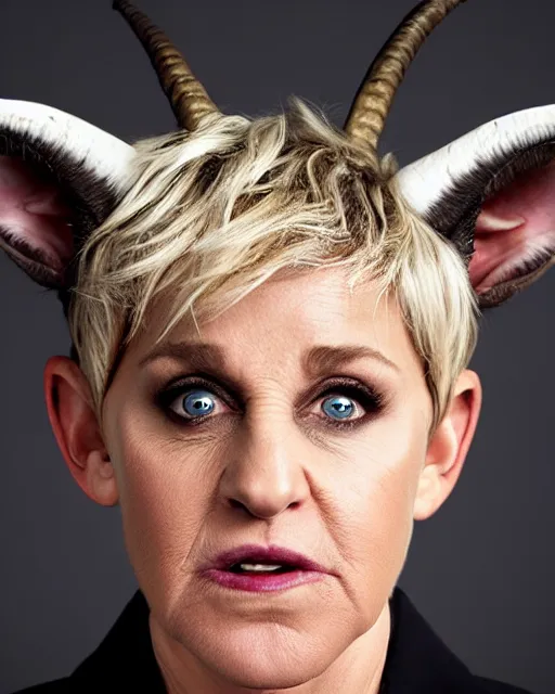 Image similar to headshot of an angry ellen degeneres as a goat person, she looks like a demonic mythological satyr, her eyes look like goat eyes with black horizontal pupils, she has long goat like ears, and goat horns on her head, her skin is covered in goat fur, 8 k, photo shoot, 9 inch kershaw soft focus lens f / 5. 6 bokeh