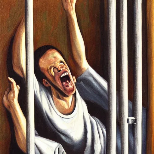 Image similar to a screaming prisoner holding prison bars, realism old painting