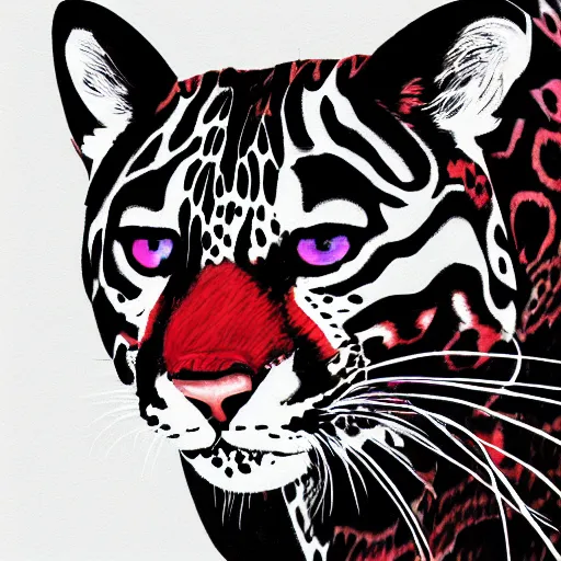 Prompt: abstract drawing of a neon black and red ocelot, 4k