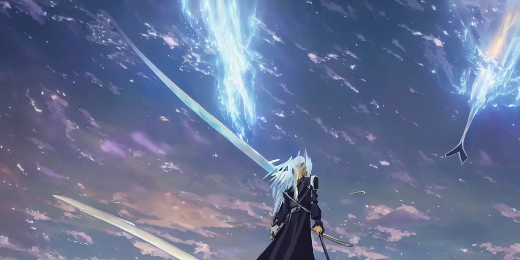 Prompt: Sephiroth in Your Name by Makoto Shinkai