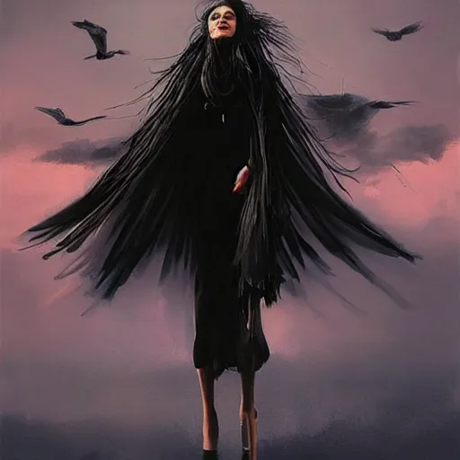 Prompt: morning, a woman in a black dress with a raven for head. sun, cinematic, clouds, vogue cover style, contracting colors mood, realistic painting, intricate oil painting, high detail, figurative art, multiple exposure, poster art, 3 d, by simon bisley, ismail inceoglu, wadim kashin, filip hodas.