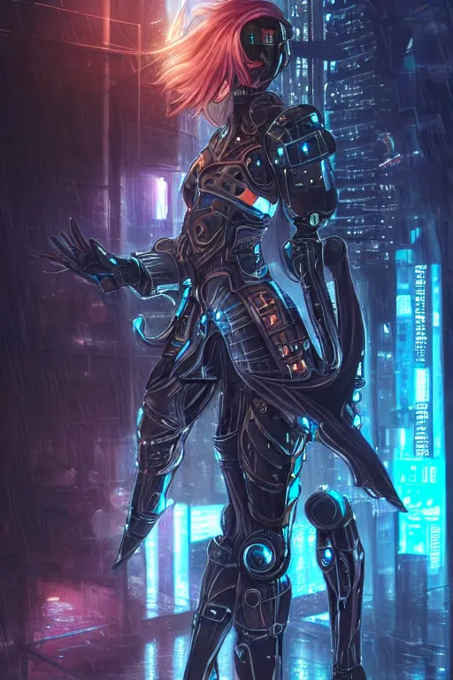 Prompt: portrait of evilly and strong stunning futuristic knights of Zodiac girl, black and copper armor, in futuristic heavily raindrop tokyo rooftop cyberpunk night, ssci-fi, fantasy, intricate, very very beautiful, elegant, neon light, highly detailed, digital painting, artstation, concept art, human anatomy, soft light, hdri, smooth, sharp focus, illustration, art by tian zi and craig mullins and WLOP and alphonse mucha