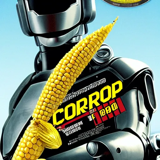 Prompt: A corn on the cob as robocop: robocrop. Movie poster.