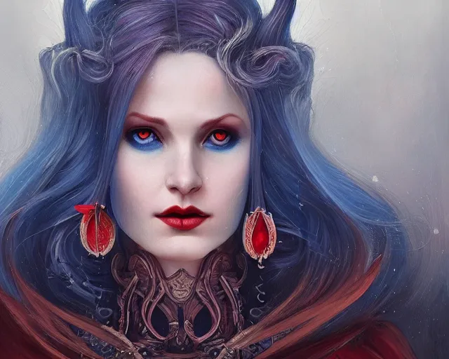 Image similar to A detailed matte oil on canvas head on symmetrical portrait of a distinguished elven woman with red and blue hair on an empty background, by Charlie bowater, Lise Deharme, Wlop, trending on artstationhd, dungeons and dragons art, parted hair , half blue, half red , split dye, critical role