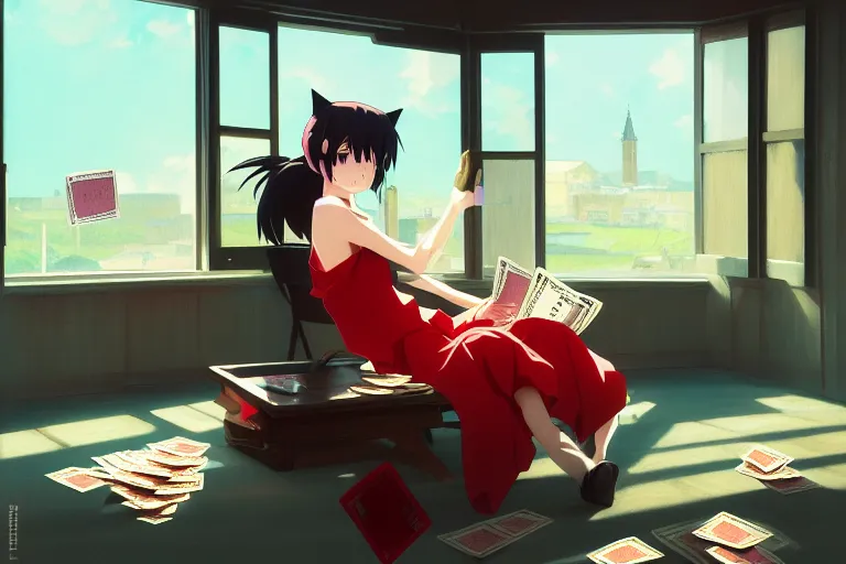 Prompt: anime key visual of anime cat girl losing all of her money on the stock market, panic red, style of jamie wyeth james gilleard edward hopper greg rutkowski acrylic painting, preserved museum piece, historical