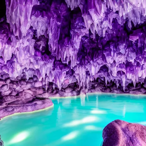 Image similar to photo inside an amethyst cave with a hot spring, highly detailed, 8k,