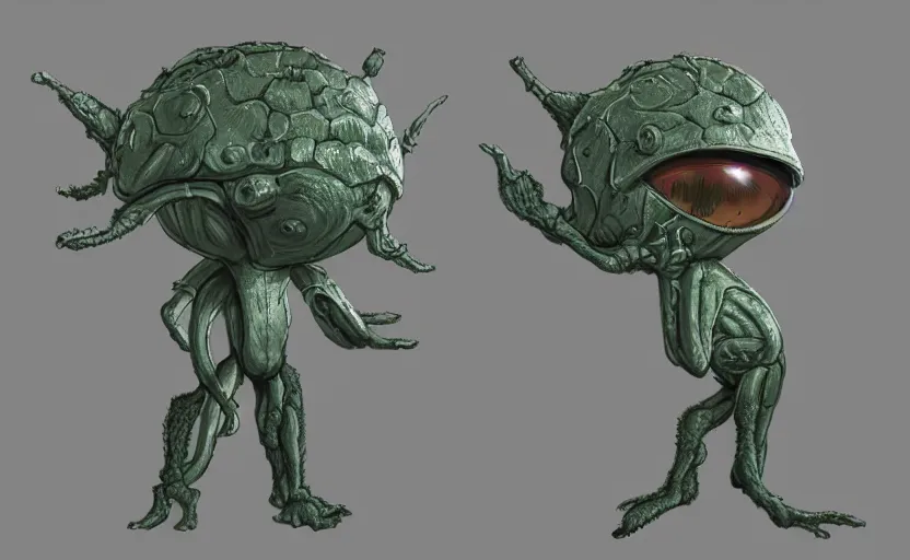 Prompt: highly detailed cell - shaded cartoon ofa miniature alien creature. 1 9 7 0 s science fiction, moody, misty, depth perception, 4 k, artstation, in the style of studio ghibli