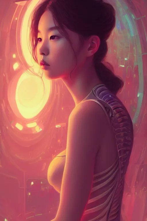 Image similar to portrait futuristic airforce korean Lalisa Manobal, inside future fighter, sci-fi, fantasy, intricate, very very beautiful, elegant, human anatomy, neon light, highly detailed, digital painting, artstation, concept art, smooth, sharp focus, illustration, art by tian zi and WLOP and alphonse mucha