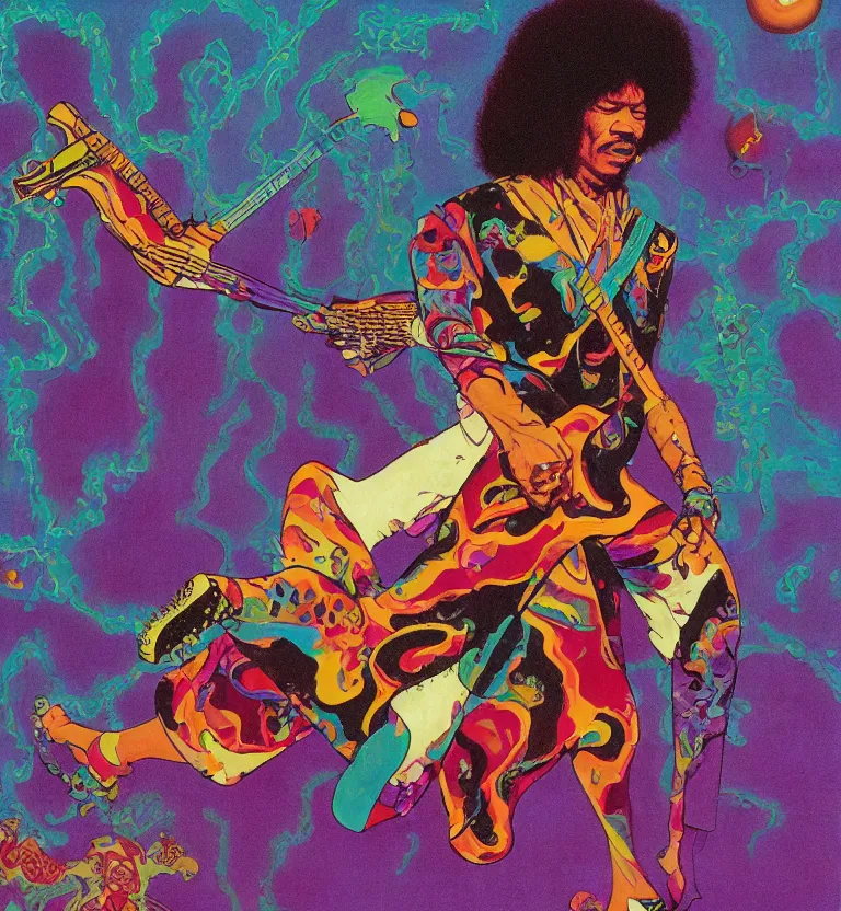 Image similar to jimi hendrix full body, colourful afrofuturist biomorphic scifi opart in background by moebius and roger dean, 8 k