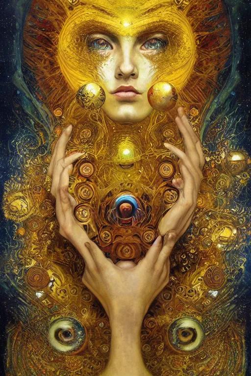 Image similar to Divine Chaos Engine by Karol Bak, Jean Deville, Gustav Klimt, and Vincent Van Gogh, beautiful visionary mystical portrait, sacred, otherworldly, fractal structures, surreal dreamscape, ornate gilded medieval icon, third eye, spirals