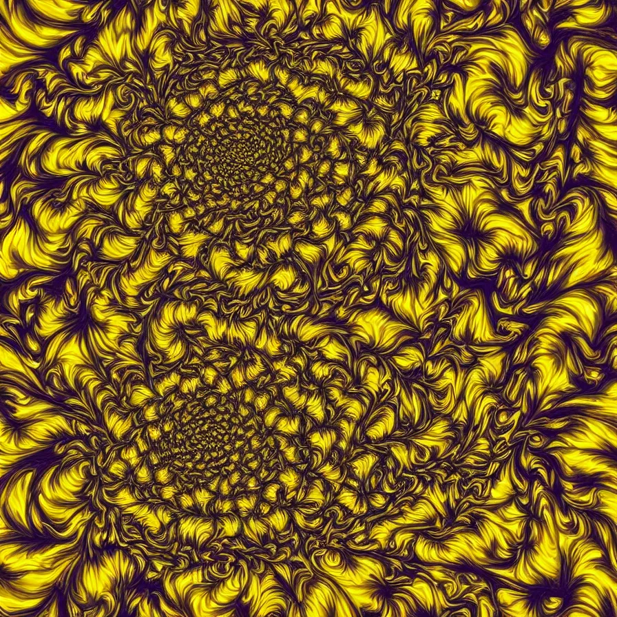 Image similar to award winning fine artwork of hypnotizing sunflower patterns, golden ratio, mandelbrot fractal