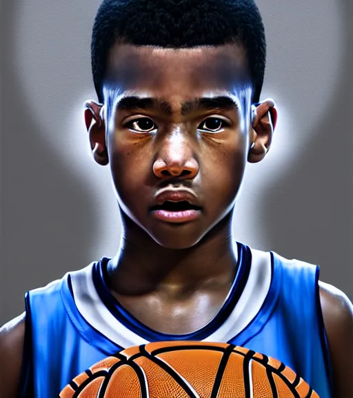 Prompt: portrait of a boy at a basketball court playing basketball wearing a basketball uniform in a basketball court standing near the basketball hoop, poised, intense emotion, detailed facial expression, detailed surroundings, intricate, elegant, highly detailed, centered, digital painting, artstation, concept art, smooth, sharp focus, illustration, WLOP