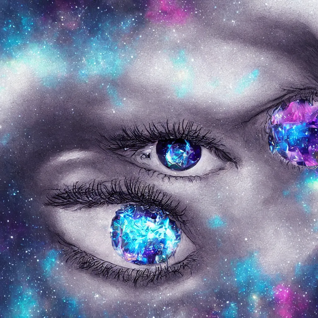 Prompt: retrofuturistic digital airbrush illustrated album cover of eyes and crystals