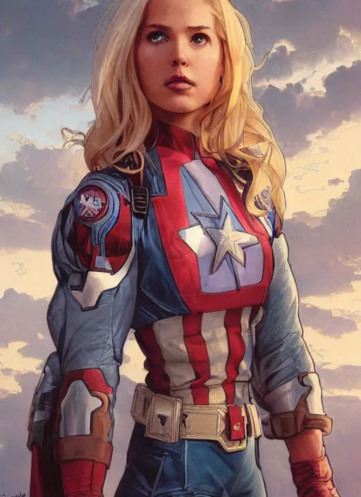 Image similar to toned young april with a mischievous face and extremely long blonde wavy hair dressed as superhero in her early 2 0 s, posing with hands behind back, captain america, tight fit, intricate detailed face, artgerm, greg rutkowski, alphonse mucha