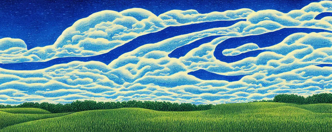 Prompt: illustrated kansas landscape and sky, intricate, beautiful, serene, majestic, detailed, ultra, mega, super, visable sounds waves