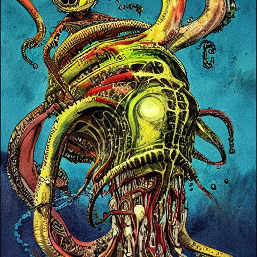 Image similar to graphic illustration, creative design, cthulhu, biopunk, by ralph steadman, francis bacon, hunter s thompson, highly detailed, concept art