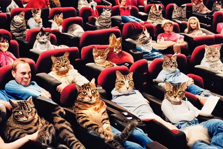 Image similar to full view of a movie theater full of cats sitting watching a movie