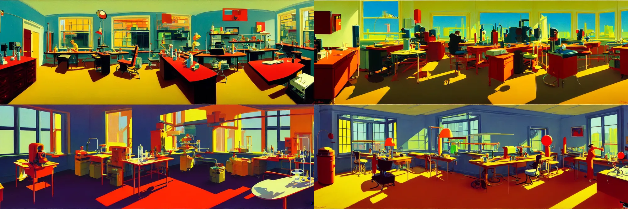 Prompt: a small laboratory, painting by Syd Mead, Edward Hopper and William Eggleston and Peter Chan, in the style of day of the tentacle, fish eye