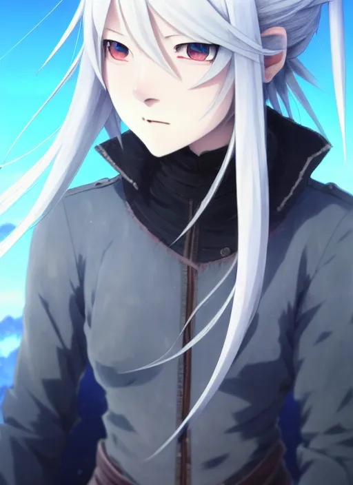 Prompt: a full body portrait of a japanese gray hair, adventurer young lady, with white hair and bangs!!!!, blue eyes, finely detailed features, closeup at the faces, perfect art, gapmoe yandere grimdark, trending on pixiv fanbox, painted by greg rutkowski makoto shinkai takashi takeuchi studio ghibli, akihiko yoshida,