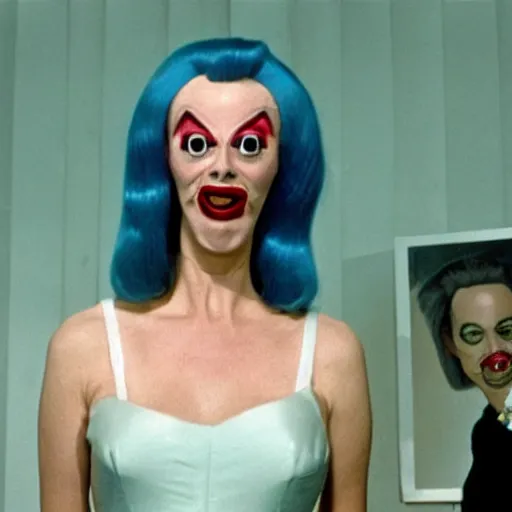 Image similar to Still from a John Waters film about a woman and an anthropomorphic tooth, color 1970