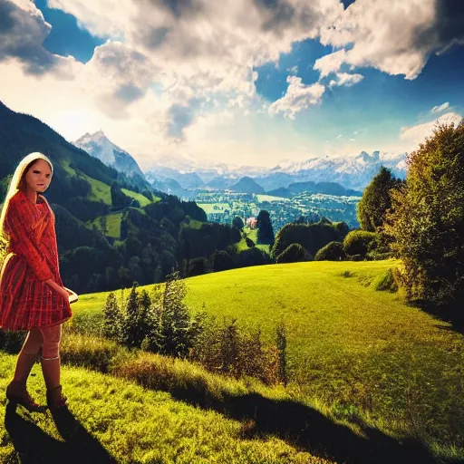 Image similar to a beautiful photograph of a girl with switzerland landscape in the background with trees, hdr, 8 k, high quality, sharp focus, artstation, highly detailed, award - winning, dramatic lighting, beautiful clouds, and nature