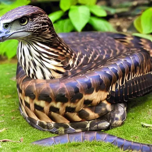 Image similar to hawk and anaconda morphed together, half anaconda half hawk, reptilian and avian features, real photo taken in zoo, highly detailed