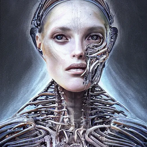 Prompt: surreal portrait of a woman by Greg Rutkowski and H.R Giger, a woman with a kind of visor, transformed into a kind of biomechanical transhuman goddess, disturbing, terrifying but fascinating, cosmic void background, frightening, fascinating, highly detailed portrait, digital painting, book cover, artstation, concept art, smooth, sharp foccus ilustration, Artstation HQ.