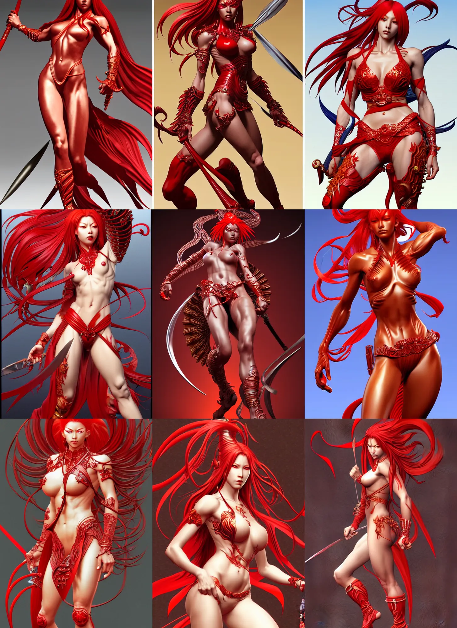 Prompt: full length complex 3 d hyper realistic smooth ultra sharp render of a red skinned demoness warrior | art by oh jinwook + 吵 集 仁 儿 on artstaion + takeshi obata + alphonse mucha + jim lee